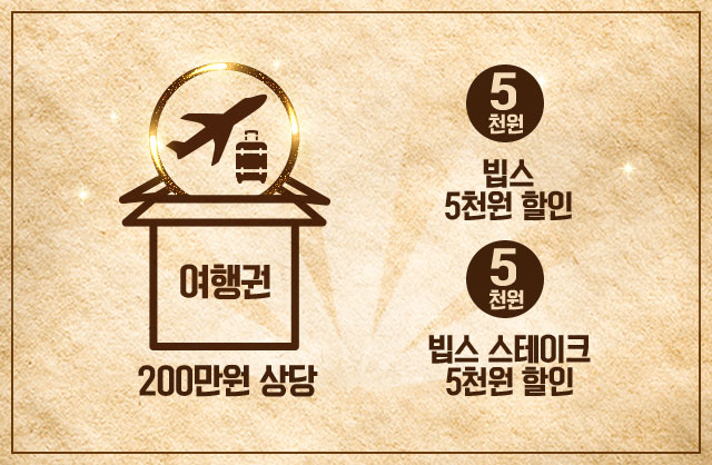 여행권 200만원 상당, 빕스 5천원 할인, 빕스 스테이크 5천원 할인