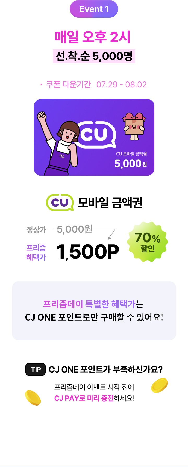 이벤트 1 매일 오후 2시 선착순 5000명 쿠폰 다운기간 07.29 - 08.02 cu 모바일 금액권 프리즘 혜택가 70% 할인 1500P 프리즘데이 특별한 헤택가는 CJ ONE 포인트로만 구매할 수 있어요 TIP CJ ONE 포인트가 부족하신가요 프리즘데이 이벤트 시작 전에 CJ PAY로 미리 충전하세요