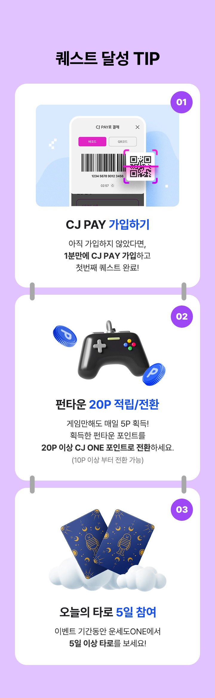 퀘스트 달성TIP 1. CJ PAY 가입하기 아직 가입하지 않았다면 1분만에 CJ PAY 가입하고 첫번째 퀘스트 완료 2. 펀타운 20P 적립/전환 게임만해도 매일 5P 획득 획득한 펀타운 포인트를 20P 이상 CJ ONE 포인트로 전환하세요 10P 이상 부터 전환 가능 3. 오늘의 타로 5일 참여 이벤트 기간동안 운세도ONE에서 5일 이상 타로를 보세요